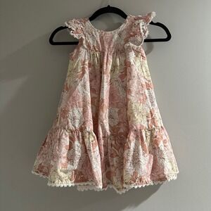 Floral Tiered Flutter Sleeve Kids Dress Pink Yellow 100% Cotton Lace Trim